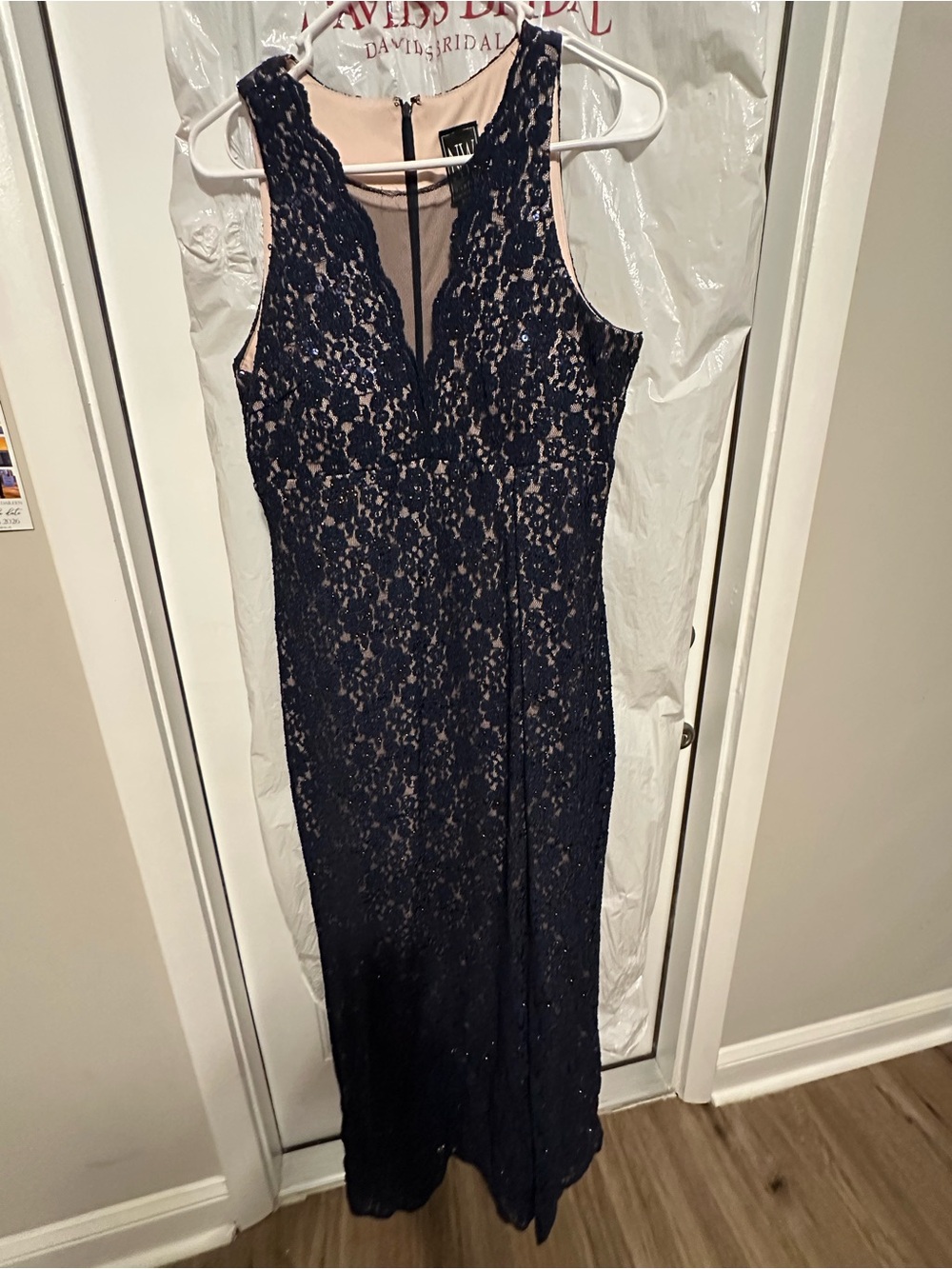 Night Way Collections Navy Lace Maxi Dress with Nude Lining